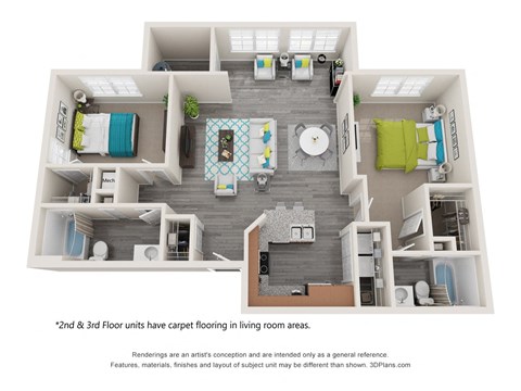 a 3d floor units has been carpeted in living room areas